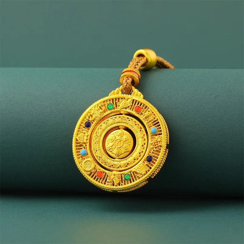 24k Gold Plated Fengshui Chinese 8 Treasures Compass Pendant Rotatable Six Syllable Mantra Filigree Hollow Lucky Blessing Wealth
