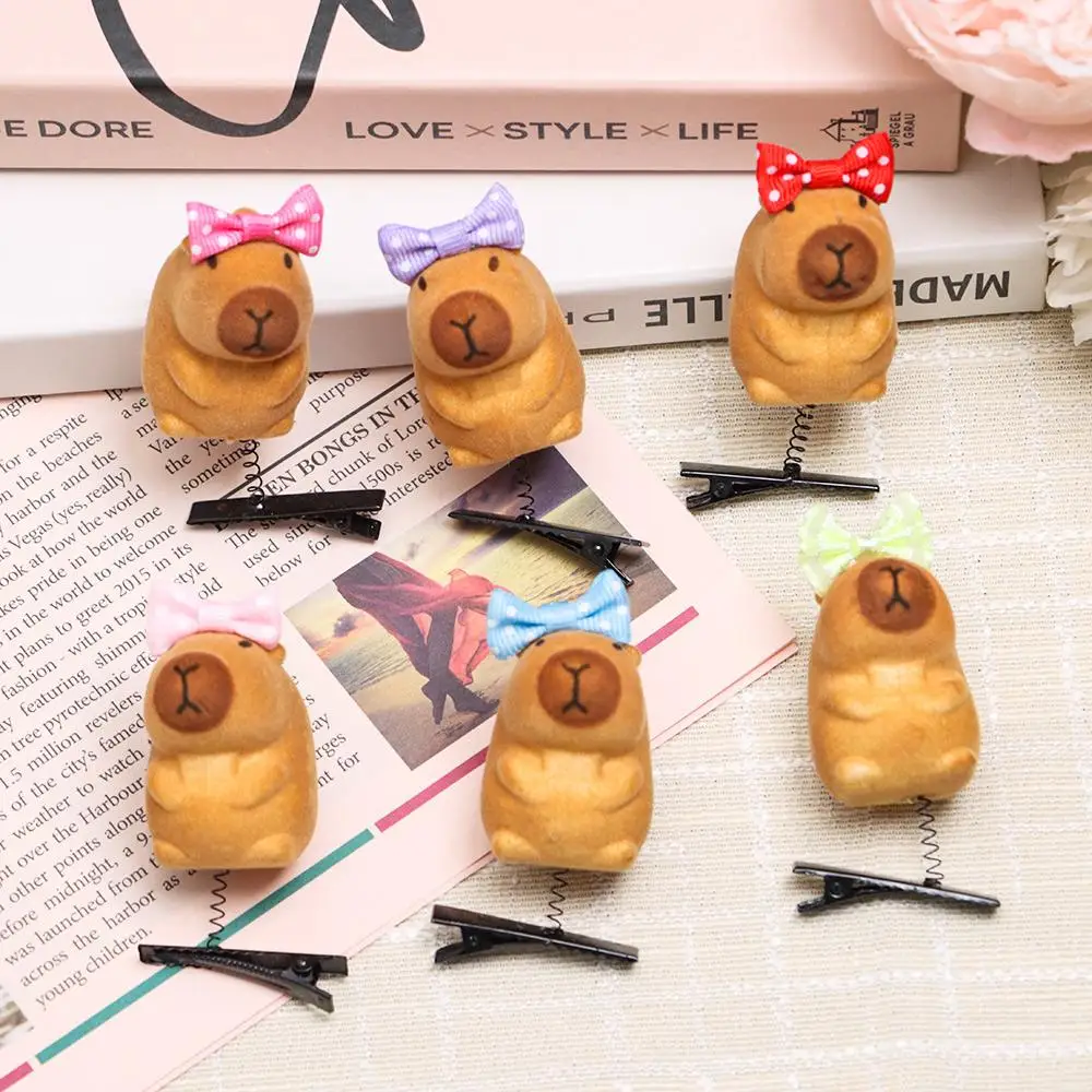 6pcs Cute Cartoon Capybara Spring Hair Clip 3D Plush Hairpin Kawaii Children Headwear DIY Hair Styling Tool