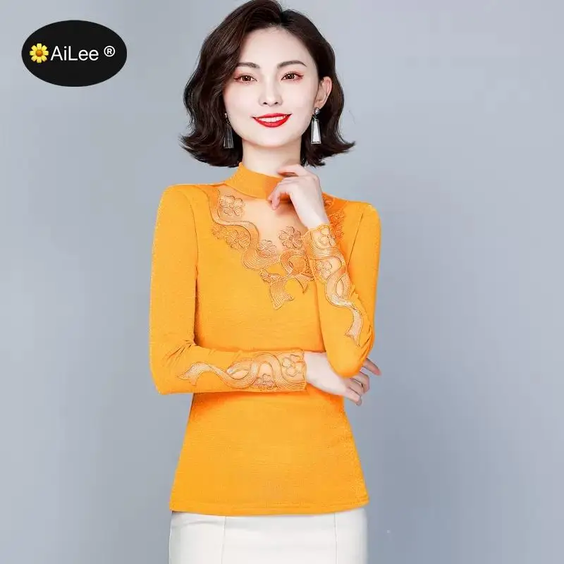 Vintage Lace Highneck Pullover Blouse Woman Winter Velvet Thick Autumn Elegant Office Lady Embroidery Long Sleeve Oversize Shirt