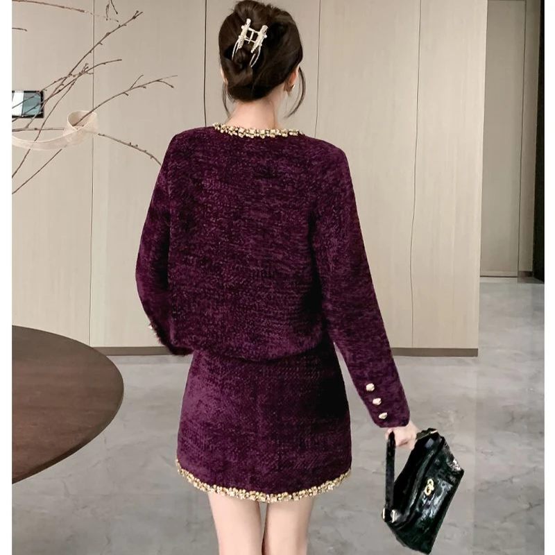 UNXX 2024 Winter Purple Sweet Fragrance Tweed Two Piece Set Women Short Jacket Coat + Skirt Suits Fashion Luxury Beading Outfits