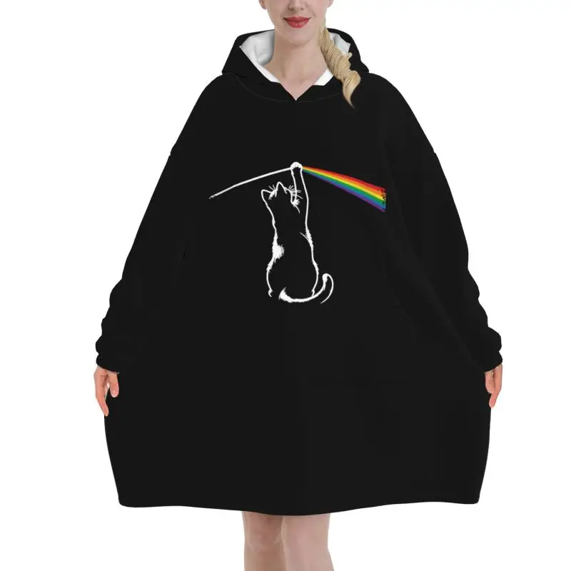 Funny Cat Rock Music Black Blanket Hoodie Women Oversized Wearable Pullover Sweatshirt Fleece Sherpa Hooded Blanket with Pockets
