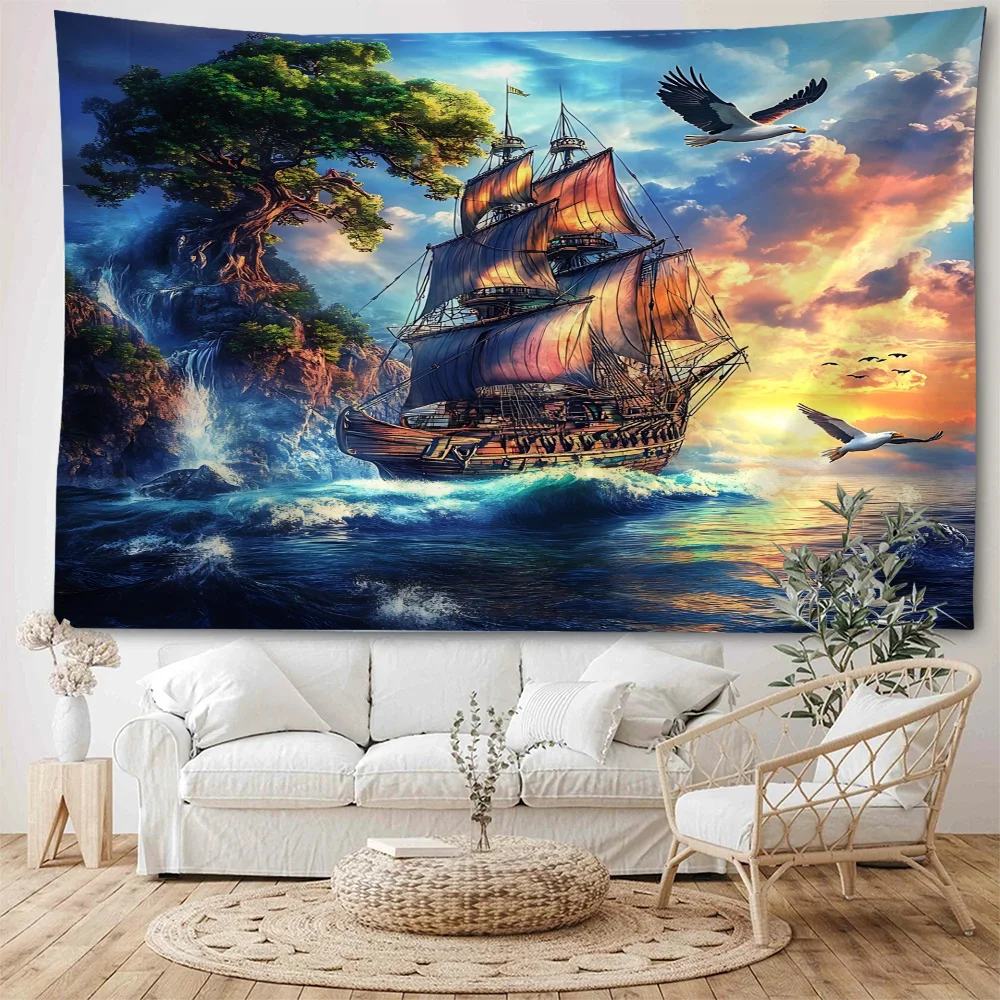 Beautiful ocean water sailboat scenery decoration tapestry ocean sea boat scenery decoration tapestry home decoration
