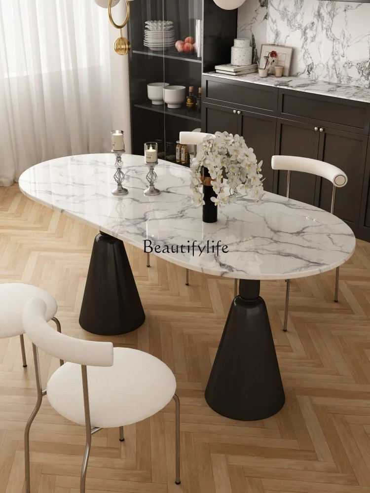 French marble dining table light luxury holy grail legs big white retro oval cream style dining table