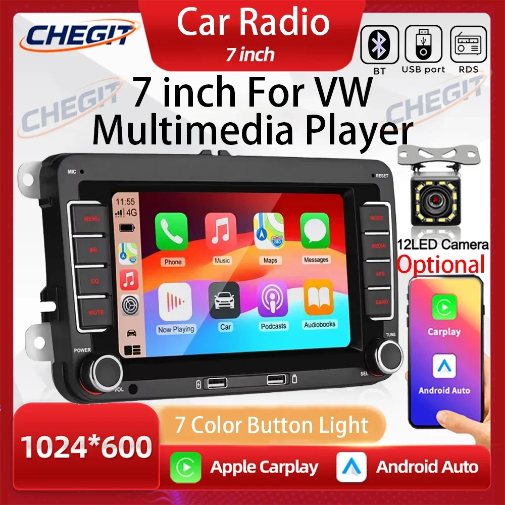 7 Inch Car Multimedia Player Radio For VW Golf Polo Passat Wireless CarPlay Android Auto FM RDS Audio Player USB Connection