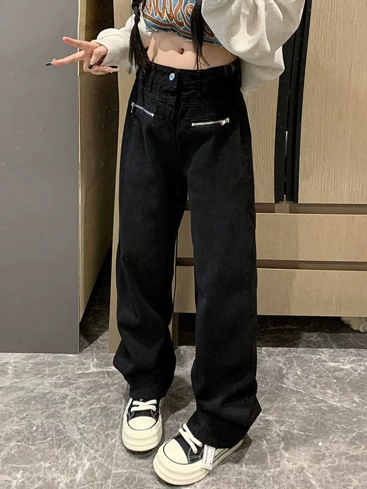 

Y2K черные брюки на молнии женские американские High Street прямые брюки с высокой талией широкий джинсовый