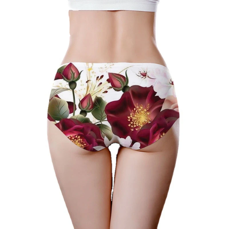 Fashion Red Flowers Print Seamless Panties Ice Silk Briefs Traceless Lingerie Intimates Underpants Sexy Underwear Women Panties