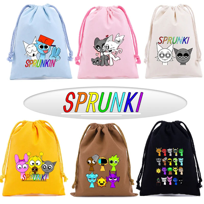 

Мешочки-сумки Sprunkis на шнурке с принтом мультяшных аниме-персонажей и игровых фигурок, для хранения конфет, печенья, подарочные мешочки для дня рождения и праздников