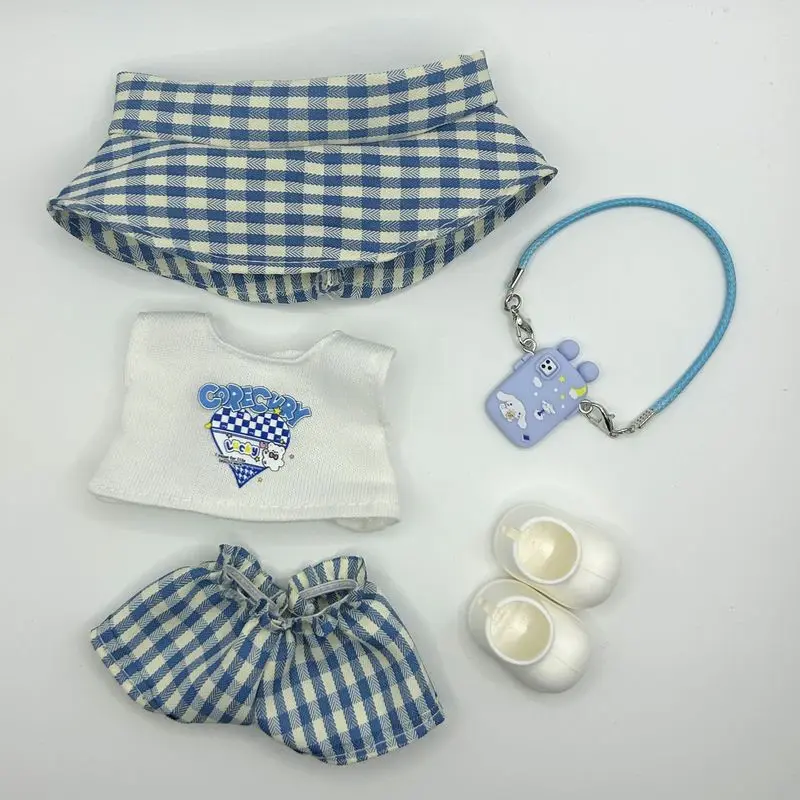 ل 17 سنتيمتر Labubu دمية الملابس الوردي والأزرق منقوشة مجموعة متوافقة مع V1V2V3 لطيف منقوشة نمط عارضة أزياء الزي