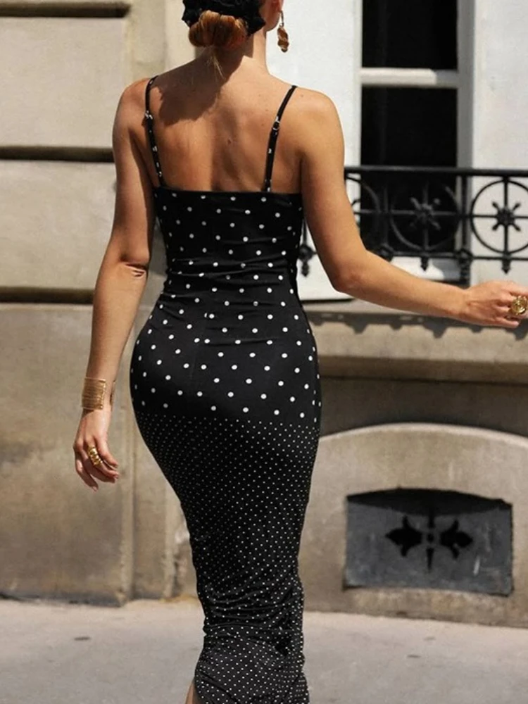 Tossy مثير U الرقبة الطباعة نقطة بروتيل فستان طويل المرأة التباين أكمام عارية الذراعين سليم عالية الخصر الإناث Bodycon فستان ماكسي