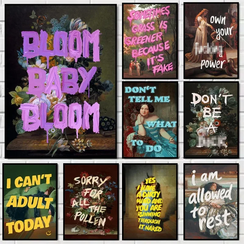 1pc frameless Canvas Painting Vintage Pop Feminist Floral Colored Text Typography Poster Sarcastic Quote Canvas Painting Wall Ar