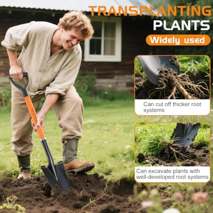 Pelle à poignée en fibre de verre DGrip en acier de 45 pouces pour la transplantation, le drainage et les tâches de creusement, conception de tireur pointu avec Orange