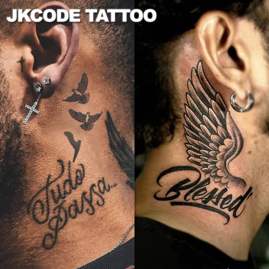 2 herbal tattoos - flying bird - wing pattern - BLESSED - TUDO PASSA - letter tattoo - street graffiti style tattoo for hands and fingers, casual cool men's style, for hands, neck, and head, long-lasting and waterproof for 15 days