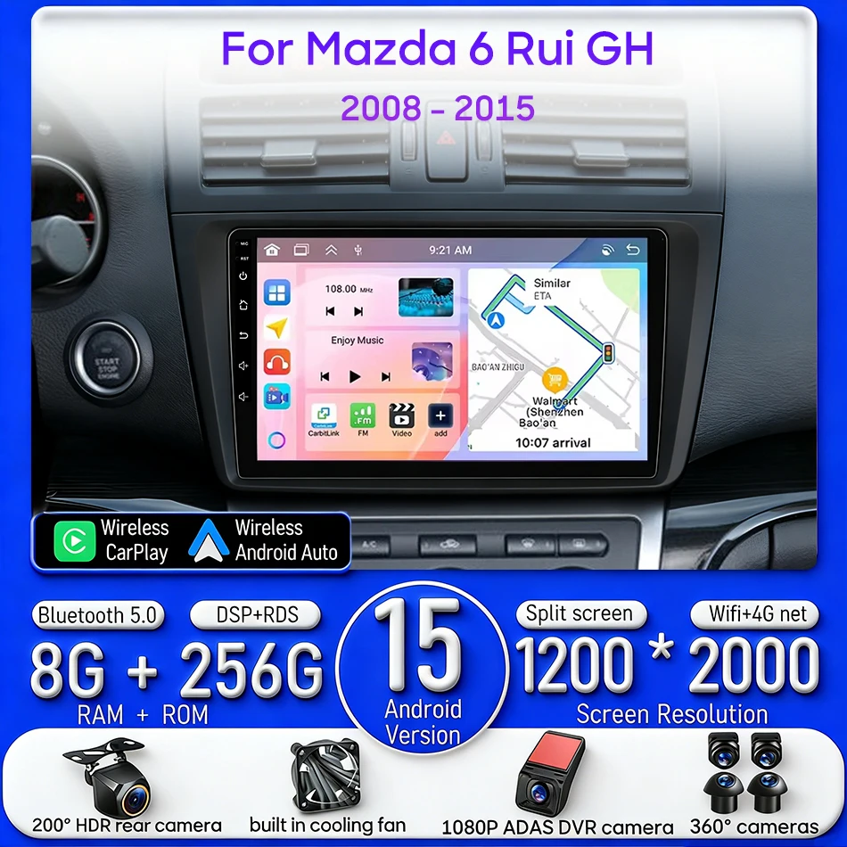 For Mazda 6 Rui GH 2008 - 2015 Android 15 Car Multimedia Video Player 10 inch CarPlay Auto Navigation GPS Radio Head Unit DSP