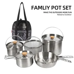 NOBANA Newest Outdoor Stainless Steel Pot Set Camping Family Pot Set 5L Portable Picnic Soup Pot Frying Steaming Household Pot