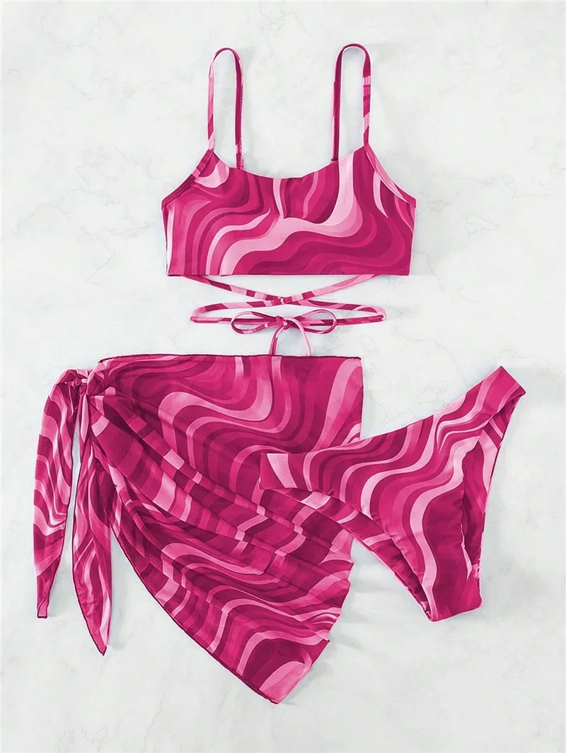 

2025 New 3 Pieces Set Swimsuit Women Thong Swimwear Sexy Bandeau Bikini Set With Skirt Print Beach Wear Bathing Suit Swim Brown