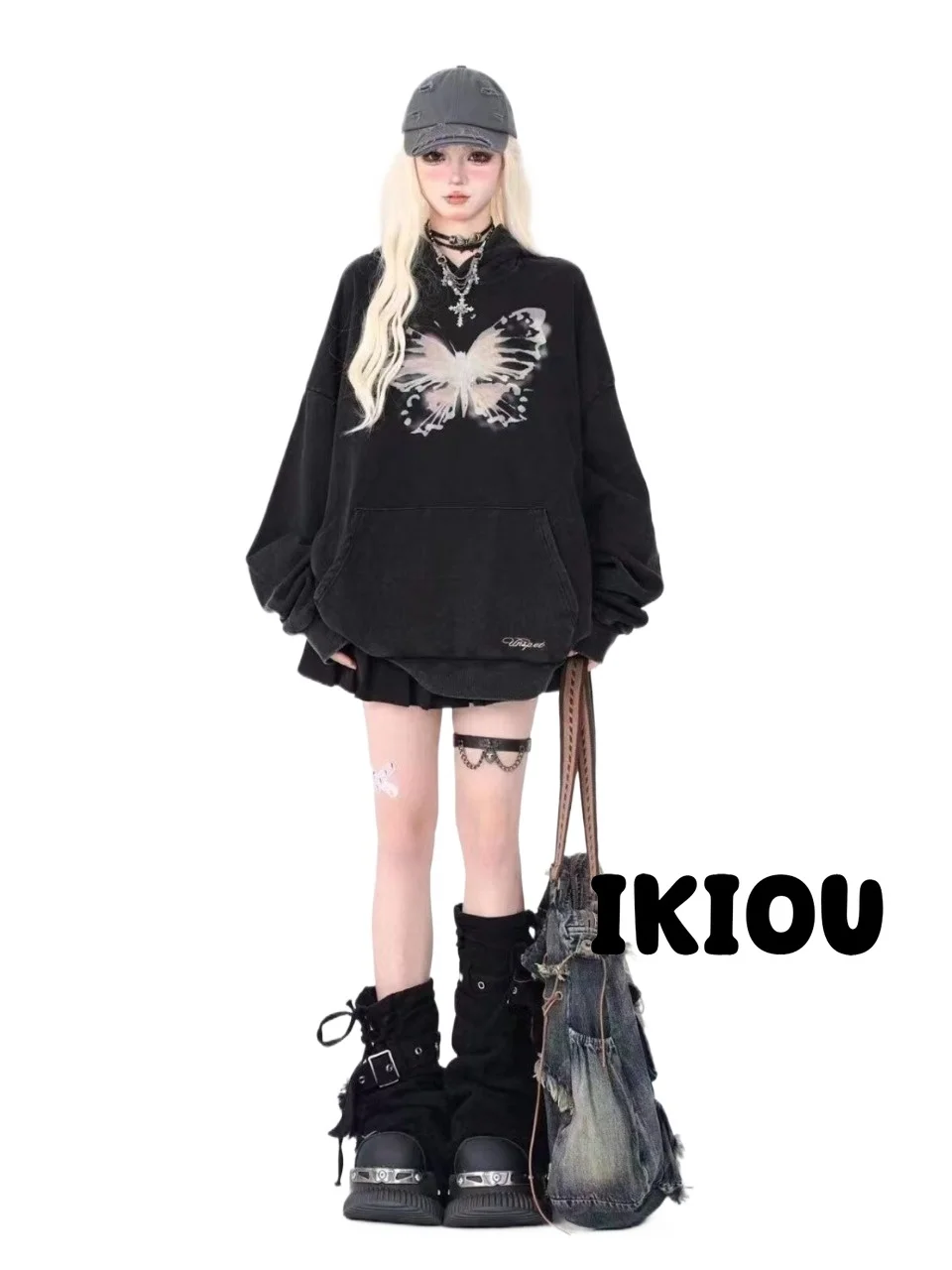 IKIOU Y2K Punk Rock Black Denim Leg Warmers with Drawstring and Cross Detail for Trendy Girls, Perfect for Ins Style