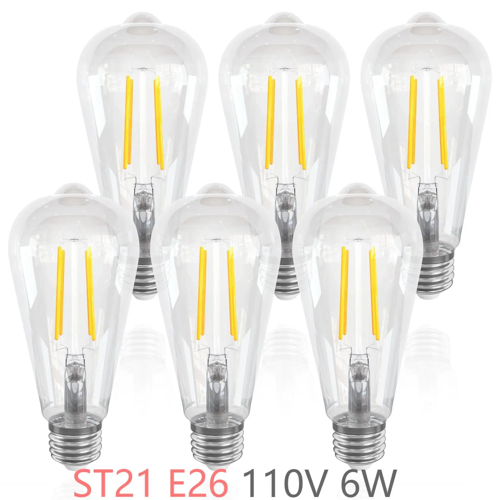 6 個ヴィンテージ電球 ST21 E26 110V 6 ワット LED エジソン電球 2700K ウォームホワイト 5000K 昼光色 ST64 アンティーク LED フィラメント電球