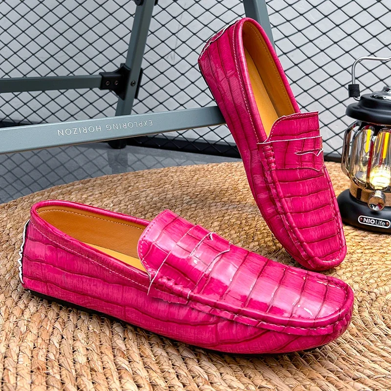 Mocasines de negocios informales de lujo para hombre, zapatos formales de fiesta de noche, color rosa, moda juvenil