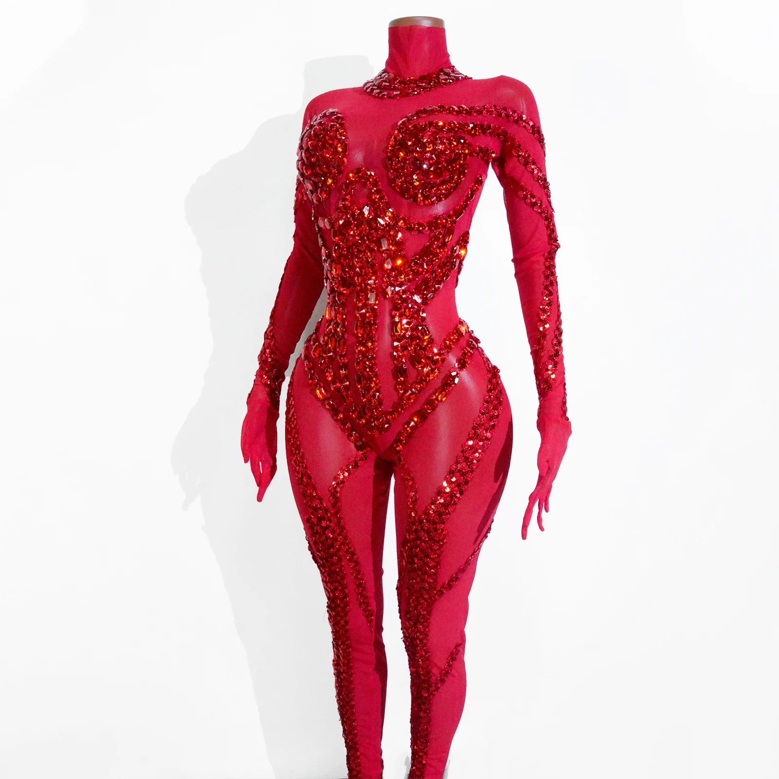 

New Red Sexy Sparkle Full Crystal Mesh Jumpsuit Woman Luxury Sequin Dj Club Party Birthday Leotard Drag Queen Dance GOGO Outfits