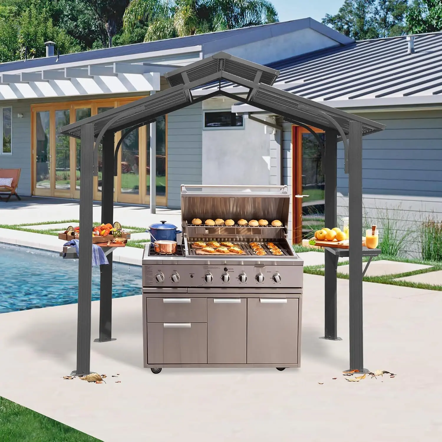 8x5Ft Hardtop Grill Gazebo Outdoor BBQ Canopy Double Galvanized Steel Roof Two Side Shelves Ceiling Hook Patio Lawn Backyard Dec