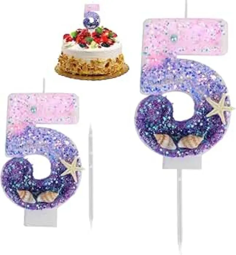 Mermaid Number Candles  Glitter Cake Toppers for Girls Birthday Party Under The Sea Decorations Princess Themed Celebration image 6