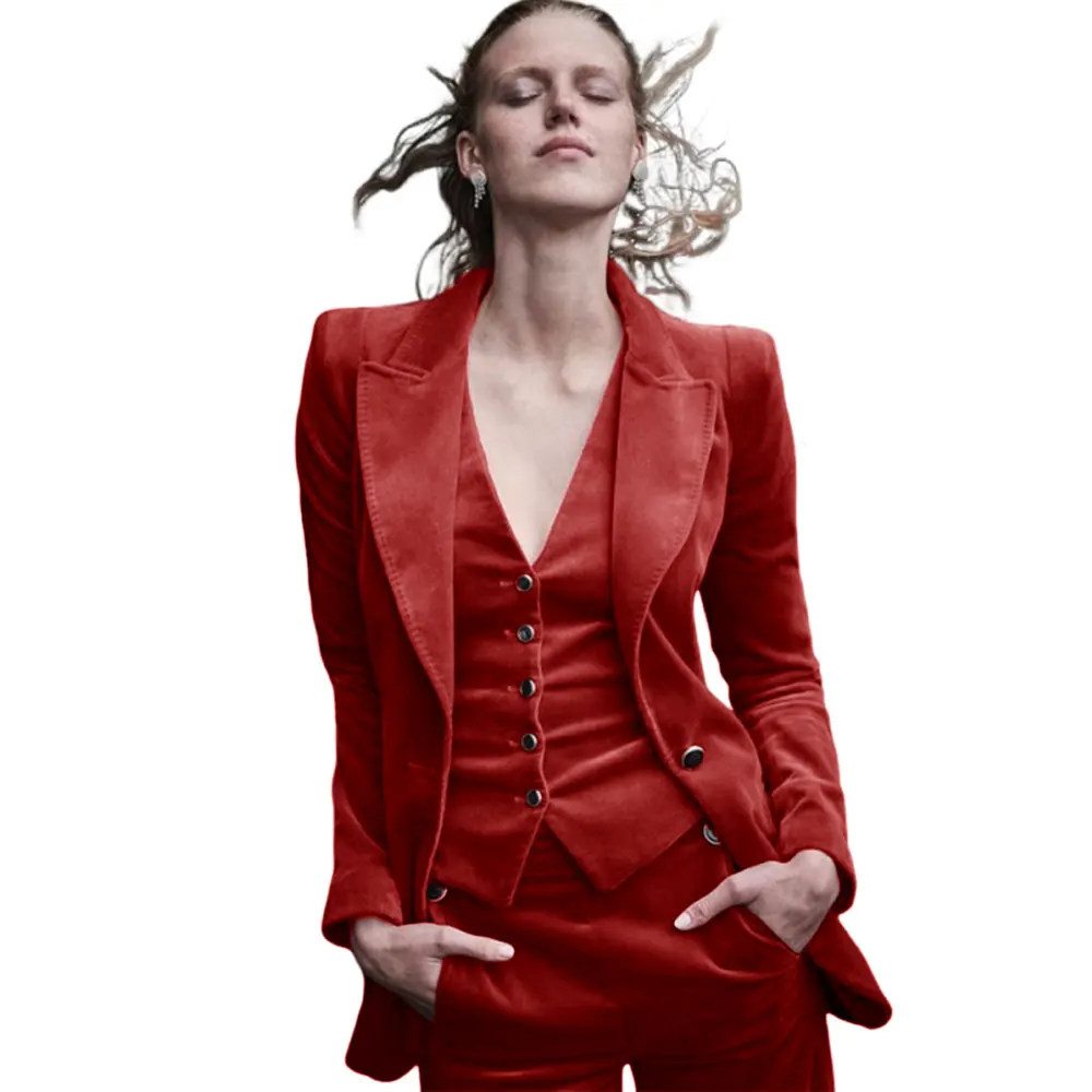 Suede Leather Women\'s Vintage Suit Single Breasted Jacket Pants Outfit Red Tailor Suit Female Fashion 2023 New 3 Piece Set