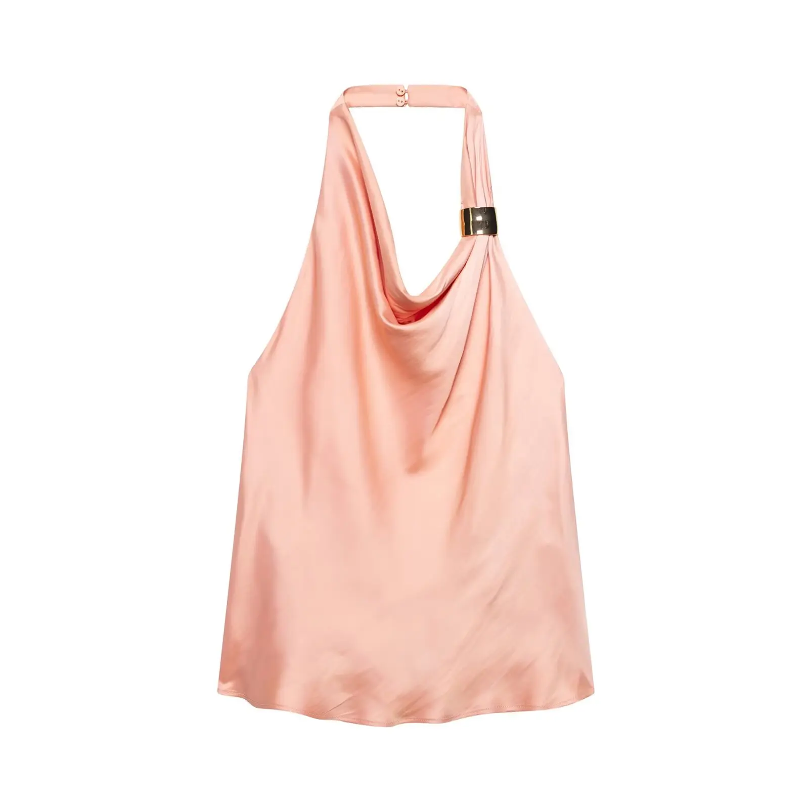 

Zevity Women Sexy Golden Metal Design Soft Touch Halter Blouse Female Backless Summer Shirt Blusas Chic Beach Wear Tops LS9016