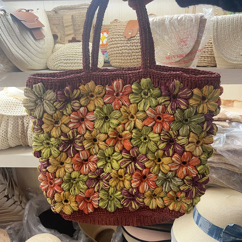 2025 New French Fashion Handmade Flower Natural Raffia Straw Grass Bag For Women Luxury Designer Handbags Beach Tote Bag