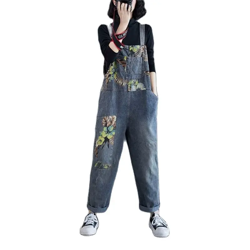 

Fashion Print Denim Suspenders Women Jumpsuit Spring New Loose Thin Straps Trousers High Waist Rompers Female Suspenders H2864