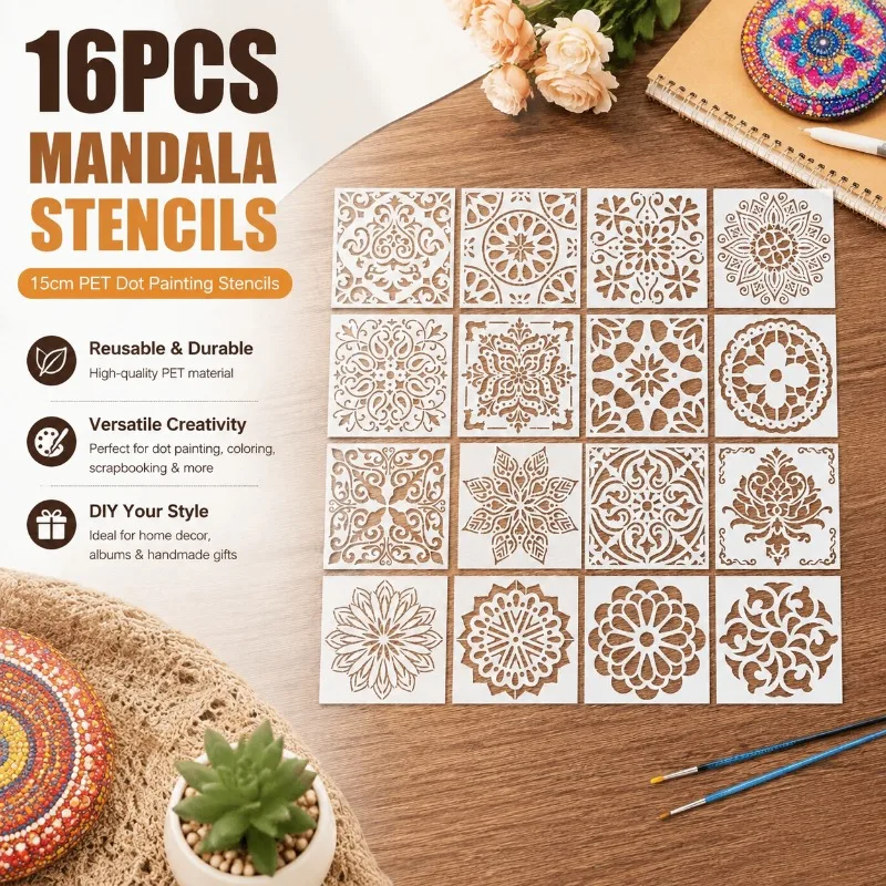 16Pcs Mandala Stencils, 15cm PET Dot Painting Stencils for DIY Home Decor, Scrapbook, Coloring, Album Templates Reusable