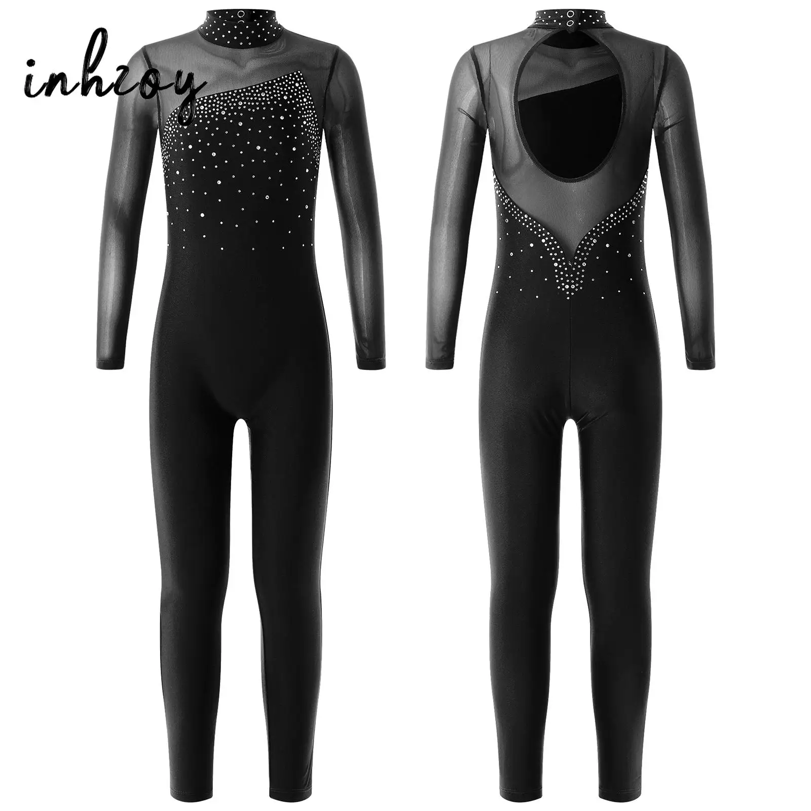 Kids Girls Shiny Rhinestone Gymnastics Leotards Dance Unitard Long Sleeve Mock Neck Mesh Splice Full Bodysuit Skating Jumpsuits