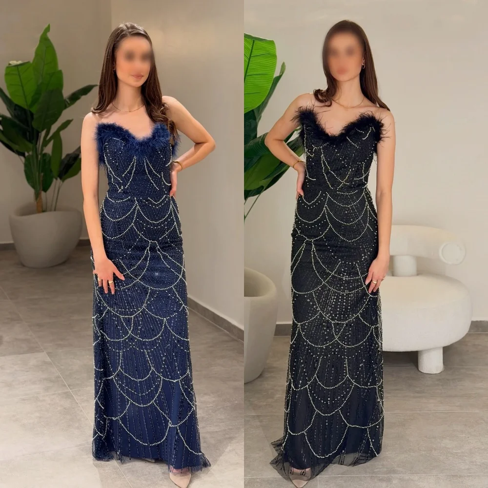 Customized Sparkle Pleat Feather Luxury Evening Dress Collection Sweetheart Neck  Long Dresses Bespoke Occasion Formal Party