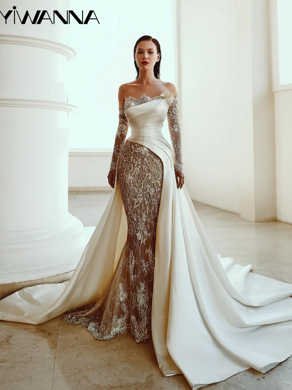 

Embroidery Beaded Lace Mermaid Wedding Dress Off Shoulder Long Sleeve Bridal Gown New Customized Strapless Dresses For Bride