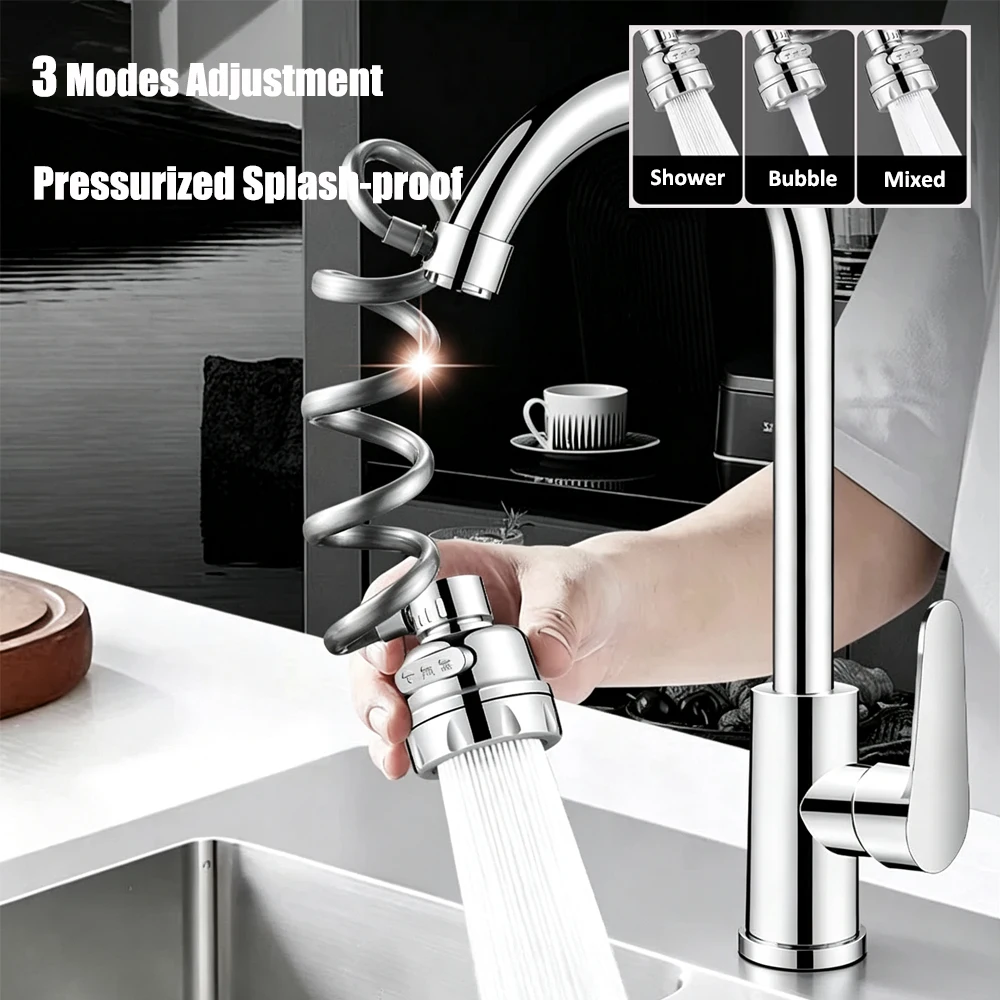 Universal Kitchen Sink Faucet Sprayer 3 Modes High Pressure Anti‑Splash Spray Head with Retractable Spring Hose Faucet Extender