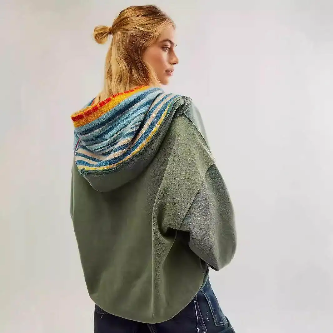 

2024 Women's Retro Patchwork Color Block Striped Sport Hoodie Sweatshirt Fashionable Long Sleeve Autumn Outerwear