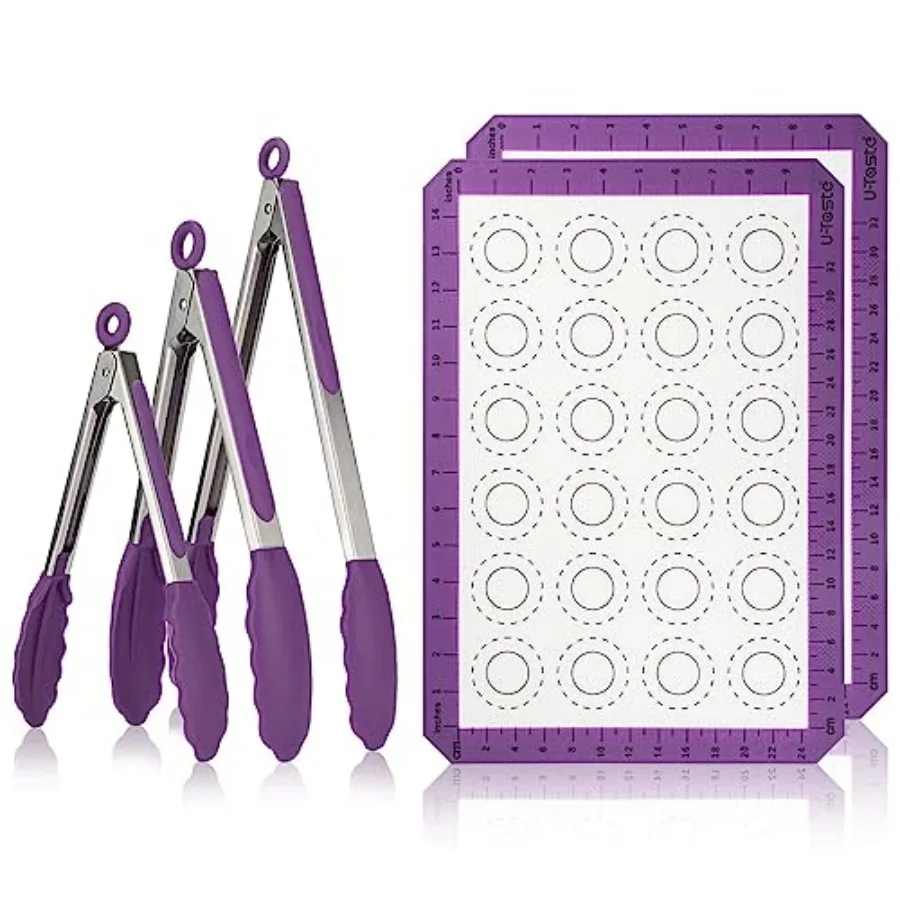 

UTaste 500F термостойкий силиконовый коврик для выпечки Macaron и набор термостойких силиконовых кухонных щипцов 600F фиолетовый