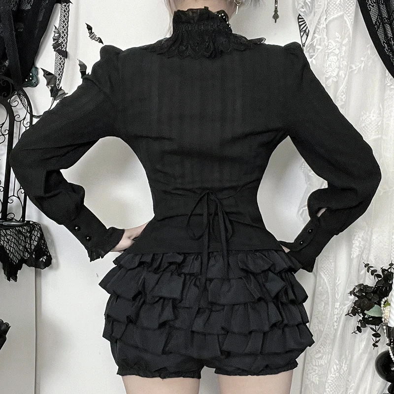 Goth Black Jacquard Long Sleeve Cotton Blouses Slim Elegant Textured Shirts Women Outfits Streetwear Partywear Halloween