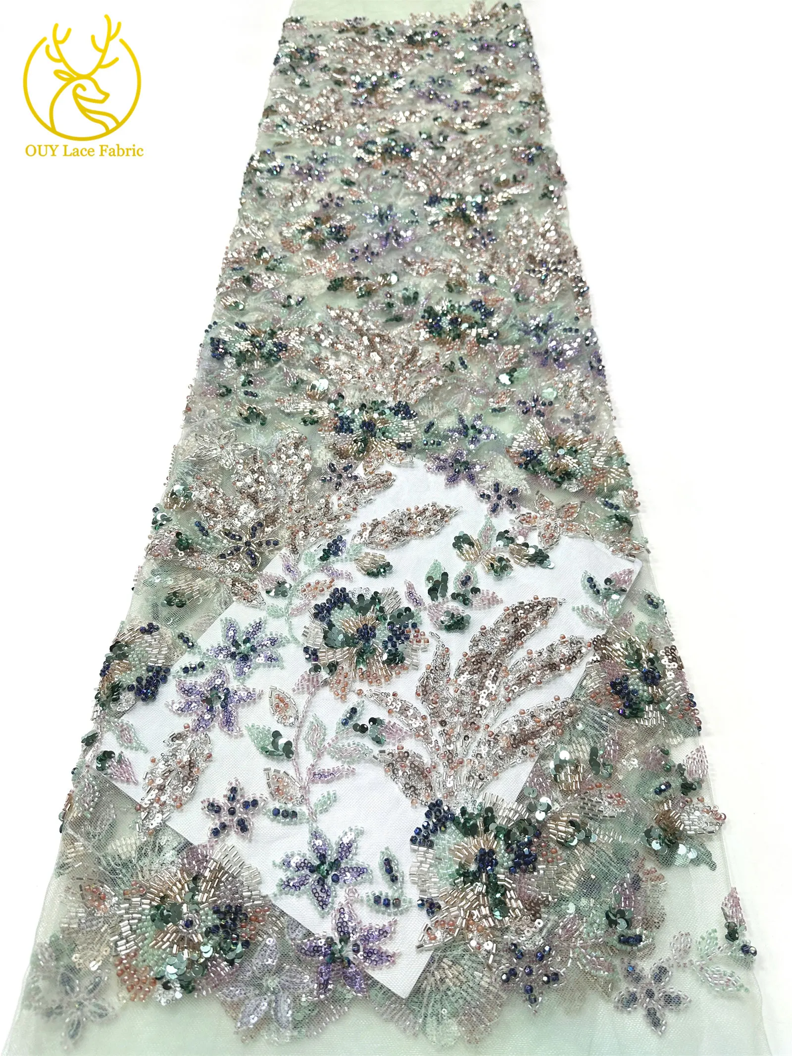 Modischer nigerianischer bestickter Perlen-Spitzenstoff, eleganter afrikanischer Pailletten-Netzstoff für Brautkleider und Partykleider zum Nähen – Detail 24