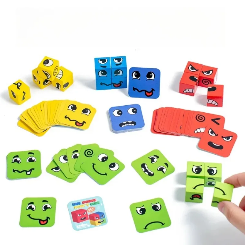Gioco di espressione delle emozioni per bambini Cubo di legno Tabellone che cambia il viso Puzzle di cartoni animati Giocattolo Giochi di sfida di pensiero Montessori