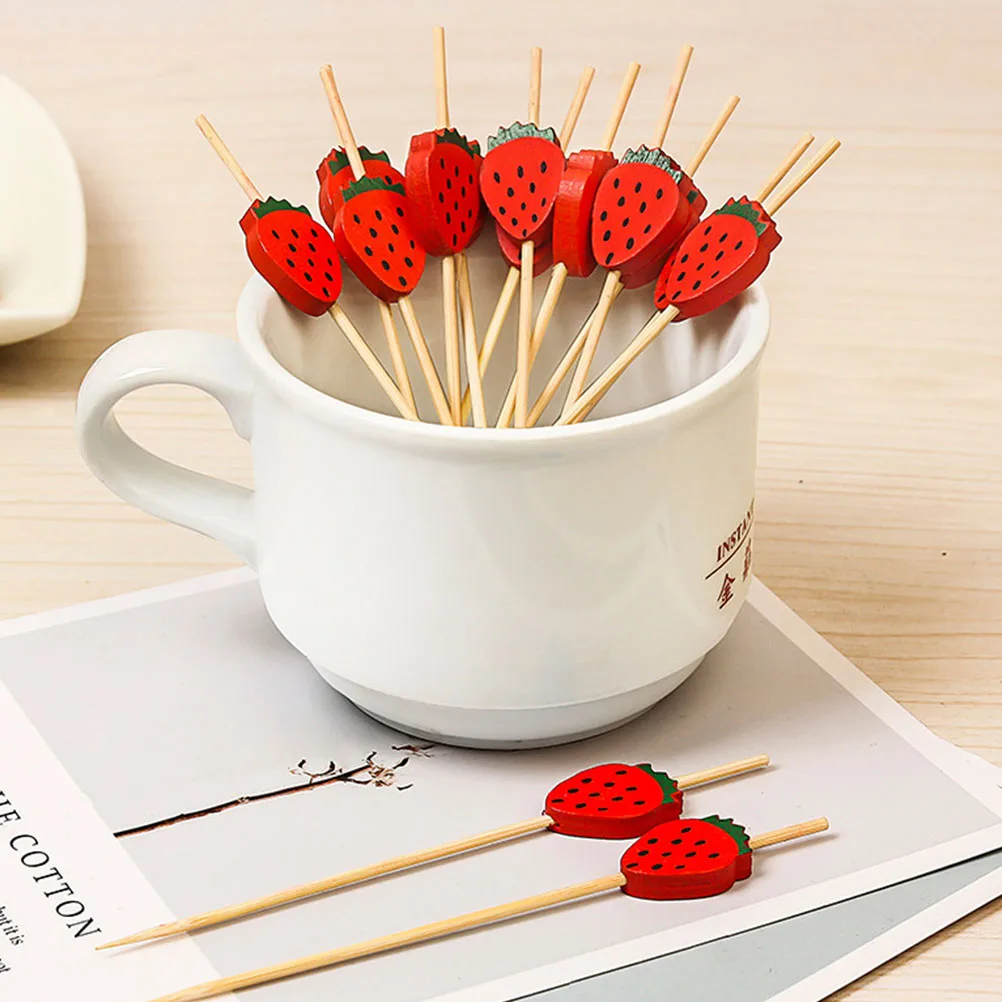 

100pcs Bamboo Skewers Strawberry Picks Household Cocktail Picks Disposable Cocktail Party Decorations Bar Tools Fruit Supplies