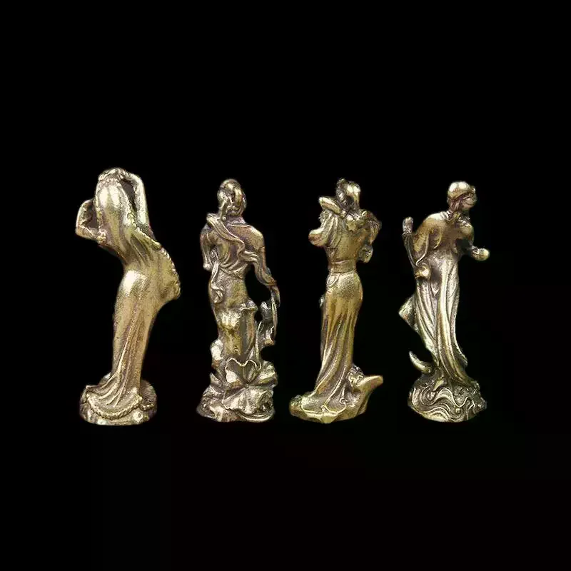 1/4Pieces Antique Style Sculptures, Handmade Pure Brass Four Ancient Chinese Ladies Statues, Desk Decorations, Collectible Gift