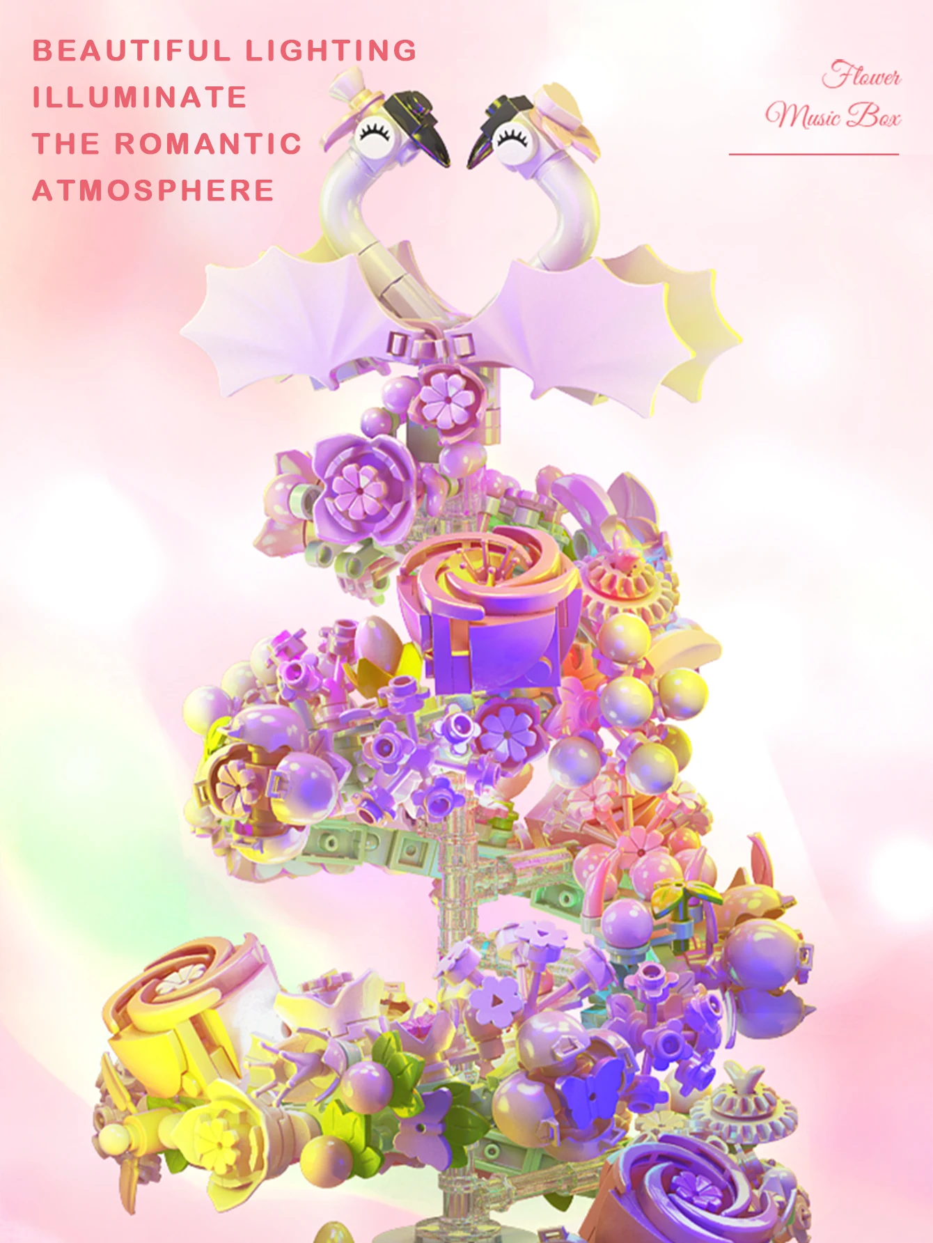 Klocki konstrukcyjne, pozytywka z kwiatem i łabędziem, 713 elementów, seria ozdób do dekoracji domu