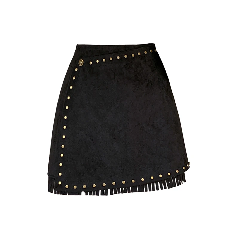 Seoulish High Waist Velvet Bohemian Rivet Women's A-line Short Skirt Tassel Autumn Winter 2025 New Skater Sexy Mini Skirt Female