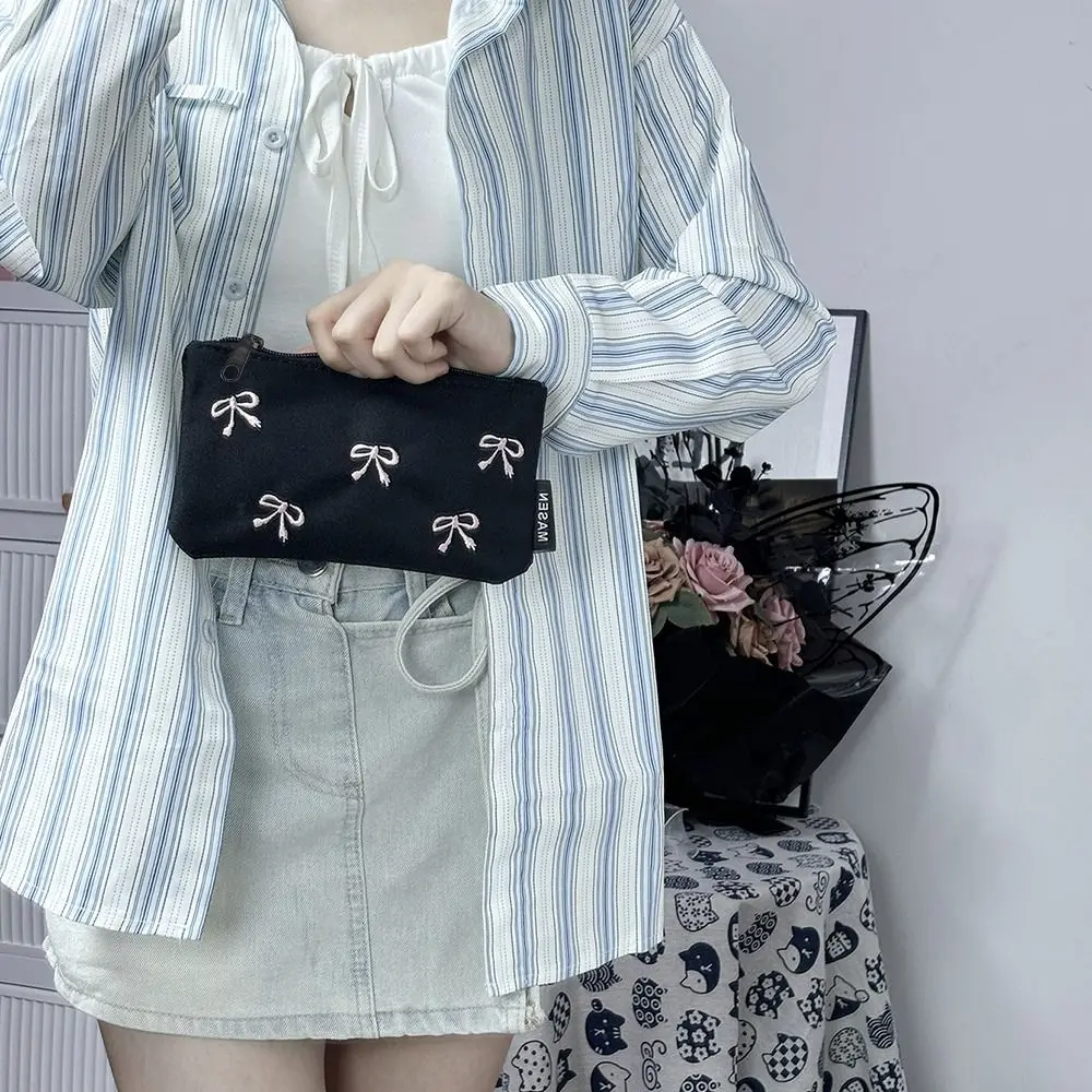 New Canvas Cute Embroidered Bag Lovely Print Bowknot Cosmetics Bag Square Shape Storage Bag