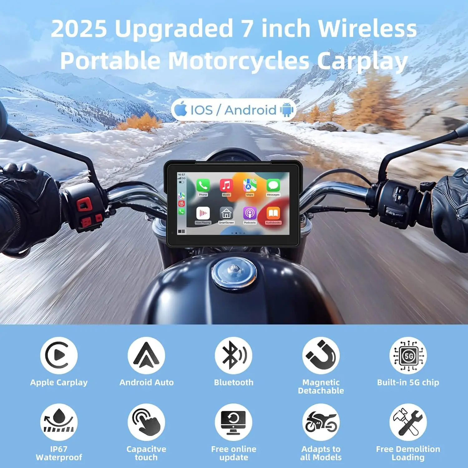 Navigazione GPS per moto wireless da 7 pollici CarPlay e Android Auto, schermo portatile impermeabile con doppio Bluetooth, controllo vocale,