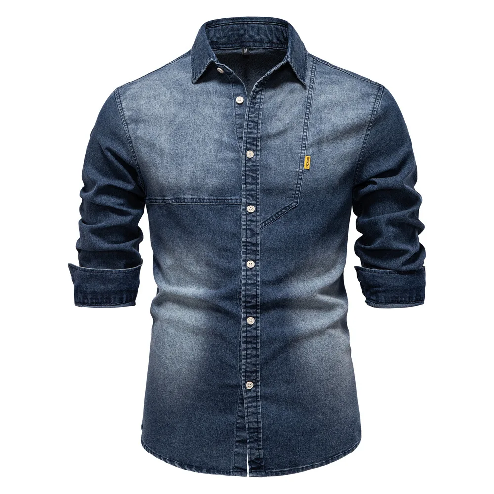 2025 Fashion Denim Shirt for Men Cotton Casual Long Sleeve Cowboy Shirts High Quality Patchwork Clothing Elastic Men's Shirt