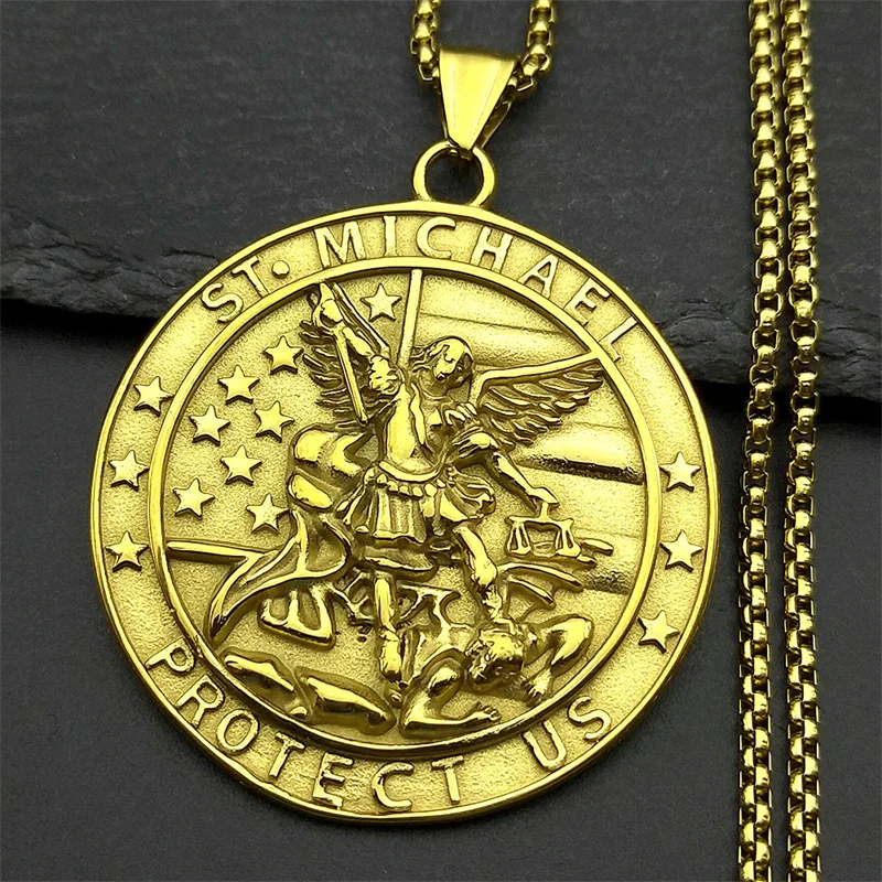 Archangel St.Michael Protect Us Pendant Necklace for Women Men Stainless Steel Christian Saint Michael Medal Chain Jewelry Gift