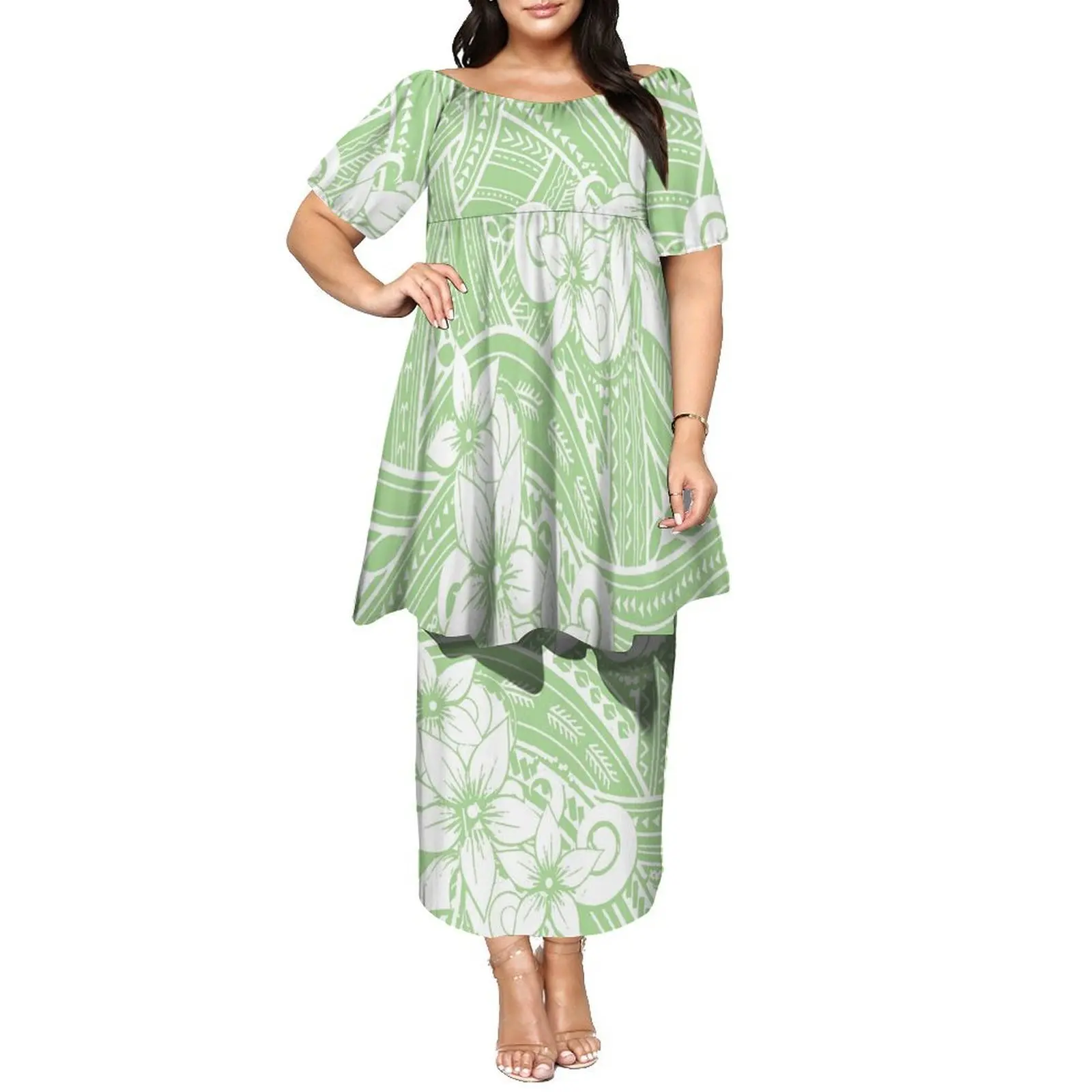 Vestido feminino de camada dupla Puletasi de verão sem impostos com mangas borboleta, gola redonda e manga média, vestido personalizado polinésio