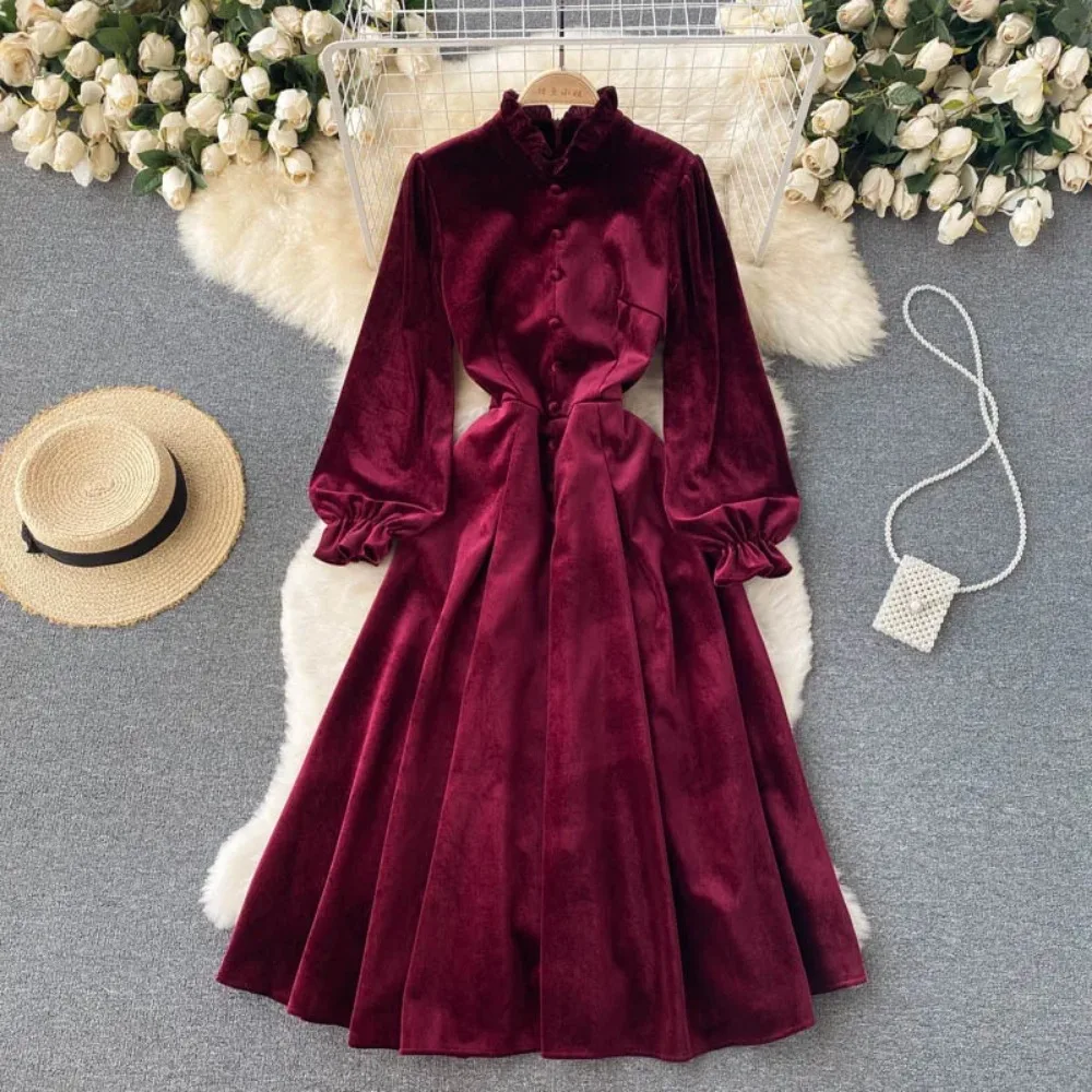 Sexy Bodycon Half High Collar Long Sleeve Velvet Dress Chic Elegant Vestidos Vintage Autumn Women Korean Fashion A-line Dress