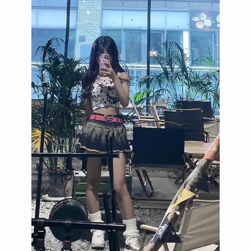

New Style Japanese Vest Hello Kittys T Shirt Sleeveless Print Girl Student Summer Hot Girl Soft Girl Fashion High Waist Short